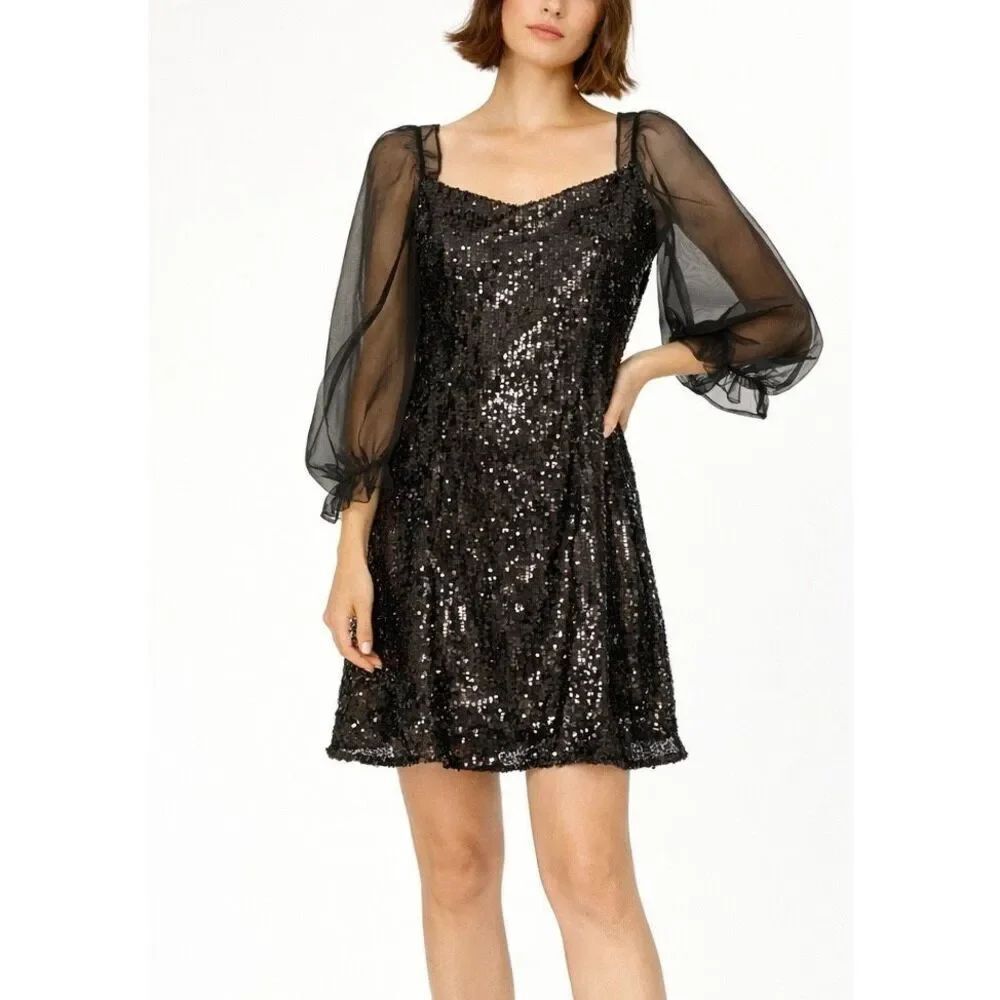 Rebecca Taylor NWT black sequin chiffon puff sleeve mini dress 2 $595